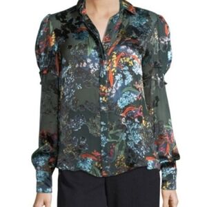 SALONI Myra Floral Silk Blend Semi-Sheer Ruffle Sleeve Button Down Blouse Size 6